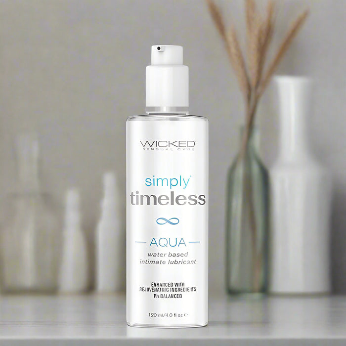 A clear pump bottle of Wicked Lubes' Wicked Simply Timeless Aqua Lubricant, a water-based lube marketed as pH-balanced with rejuvenating ingredients. Ideal for intimate encounters, the 120 ml (4 oz) bottle ensures a long-lasting glide.