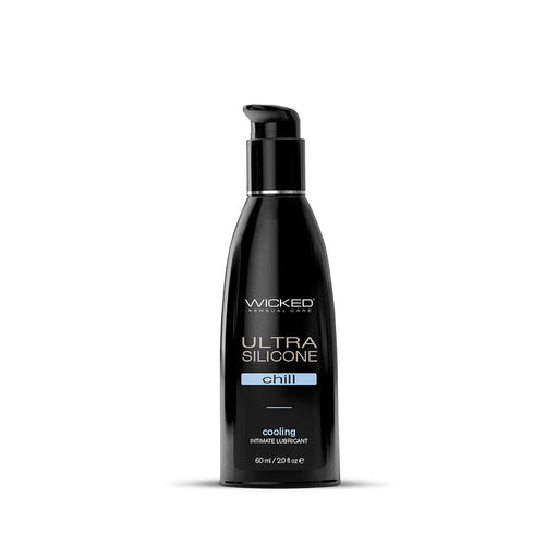 A black bottle of Wicked Lubes Wicked Ultra Chill Cooling Silicone Lubricant comes with a pump top. The label reads "Wicked Sensual Care," "Ultra Silicone," "Chill," and "Cooling Intimate Lubricant" enhanced with cooling extracts, and indicates the bottle's size as 60mL or 2 oz.