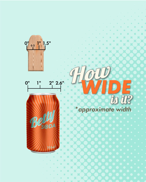 Graphic comparing the width of a wooden clothespin to a can of Betty soda, with measurements and a question "how wide is it?" in bold text, set against a dotted teal background featuring Paxton Powerful Vibrating Rotating 8.5" Realistic App Controlled Dildo from Honey Play Box.