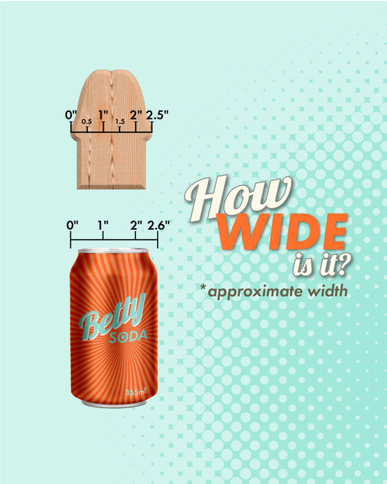 A fun and colorful infographic comparing the widths of a Leroy 9 Inch Uncut Look Silicone Dildo - Chocolate from New York Toy Collective and a soda can with the question "how wide is it?" highlighted in playful text.