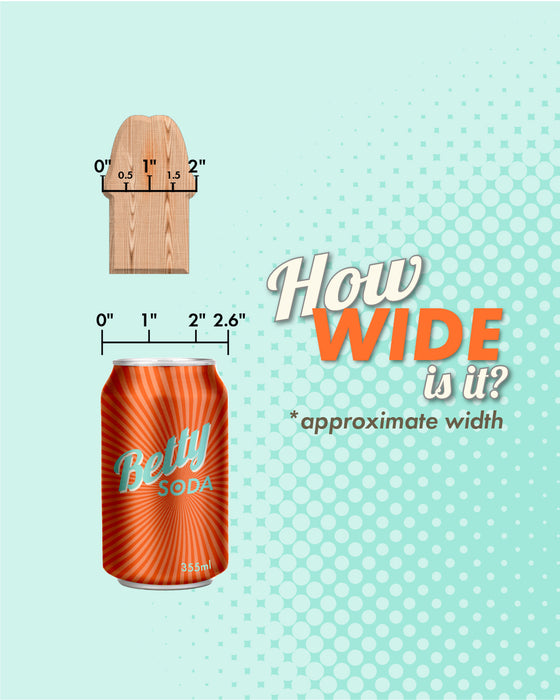 An illustrated comparison displaying the approximate width of a wooden plank and a Tantus VIP Super Soft 7 Inch Silicone Dildo - Copper against a dotted background with the query "how wide is it?" floating above in bold, playful lettering.