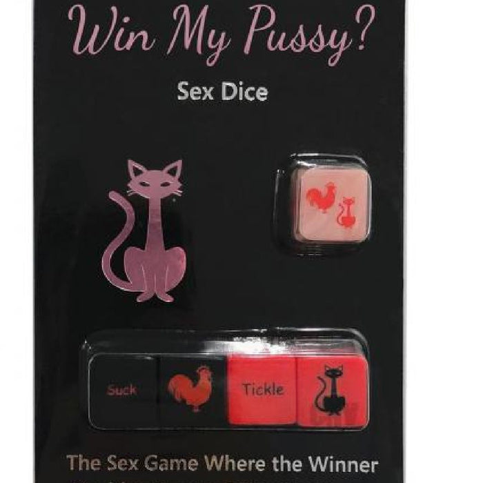 Adult novelty dice game with suggestive actions, meant for intimate couple's play as a foreplay game, like the Win My Pussy Sex Dice Game by Kheper Games.