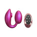 The Wonderlover Hands Free Clitoral and G-Spot Vibrator by Lovely Planet is a pink, U-shaped personal massager designed for targeted G-spot stimulation. It features two rounded ends and comes with a stylish rose-gold remote control. The remote includes four black buttons labeled with plus, minus, power, and mode symbols. Both the massager and the remote are adorned with the words "Love to Love.