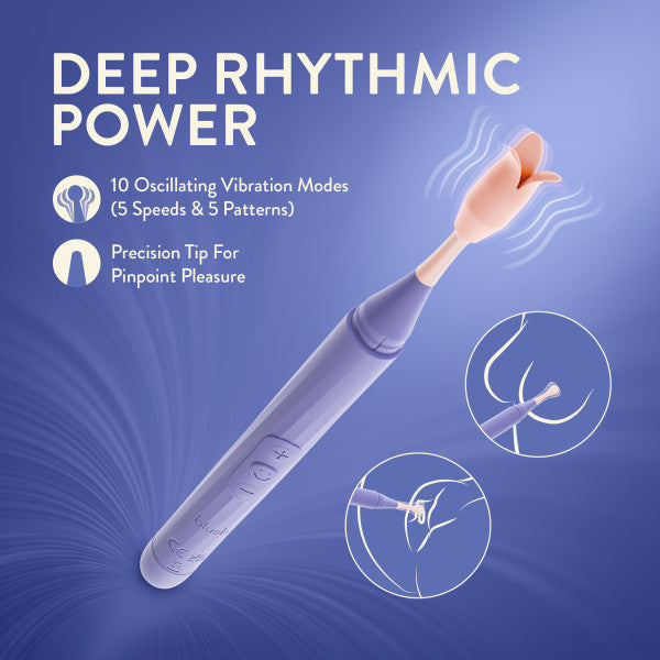 The Juno Precision Tip Oscillating Vibrator with 3 Attachment Heads is shown in purple, featuring a tulip-shaped tip for pinpoint pleasure, 10 rhythmic oscillating modes, and slim discreet design for intimate stimulation.