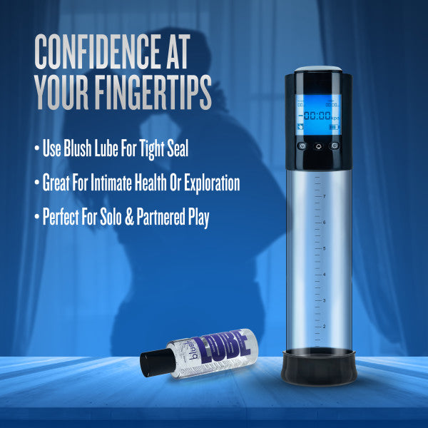 The Performance VX10 Automatic Penis Pump with Smart Pressure Control stands on a blue surface next to a bottle of Blush Lube. Text highlights benefits like stronger erections, and a silhouette of a person appears in the background.