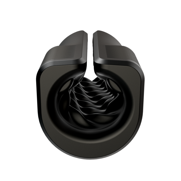 A close-up, front-facing view of the Arcwave Zing Adjustable Vibrating Silicone Masturbator—a sleek, black, cylindrical device with a spiral-ridged interior and open top, resembling a modern stylized tunnel.