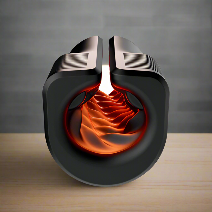 A cross-section of a black Arcwave Zing Adjustable Vibrating Silicone Masturbator reveals a glowing, wavy orange interior reminiscent of energy flow, placed on a light wooden surface against a muted background.
