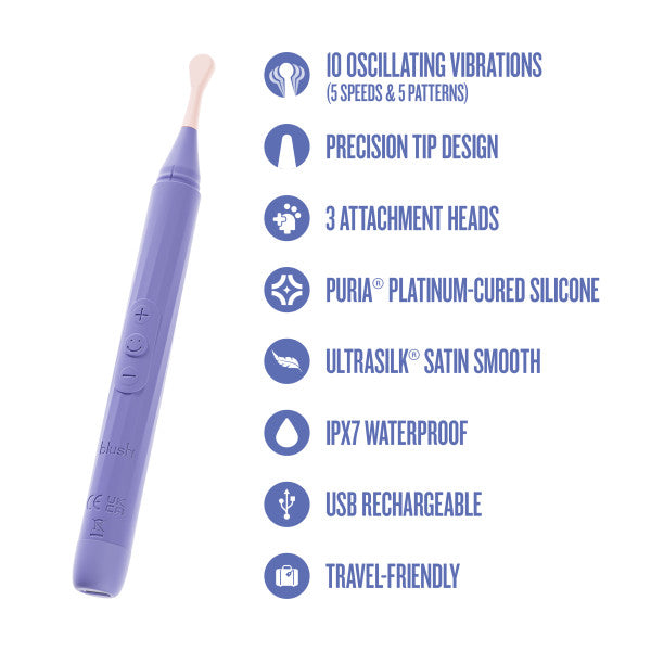 The Juno Precision Tip Oscillating Vibrator with 3 Attachment Heads, shown in purple with handle buttons, features 10 vibration modes, a precision tip, platinum silicone, satin smooth finish, waterproof design, USB charging, and it's travel-friendly.