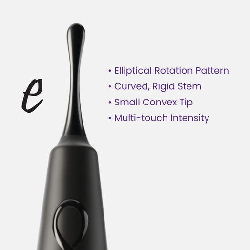 A black Zumio E Rechargeable Pinpoint Clitoral Stimulator with a curved, rigid stem and a small convex tip. Features include an elliptical rotation pattern, multi-touch intensity, and the letter "e" displayed to the left of the device.