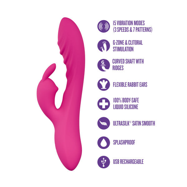 The Wild Lust Slim Beginner G-Spot Rabbit Vibrator features a pink, curved, ridged shaft, flexible rabbit ears for clitoral and G-spot stimulation, 15 vibration modes, body-safe silicone, satin-smooth finish, splashproof design, and USB rechargeability.