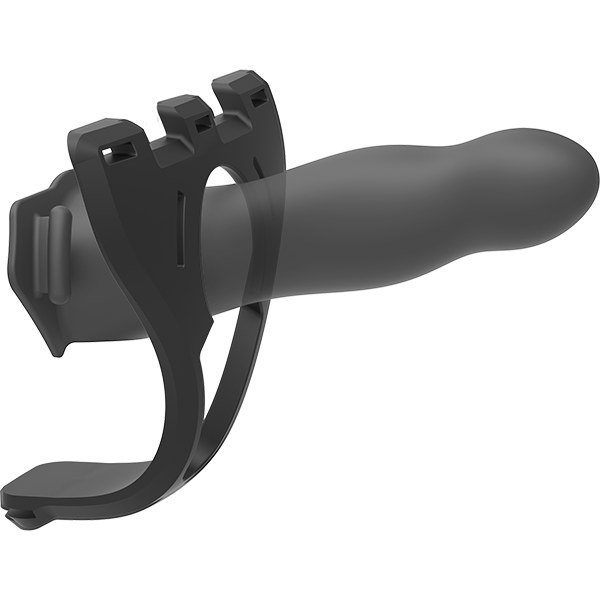 Body Extensions Be Daring 7 Inch Silicone Hollow Strap-On Set - Black showing the dildo fitting into the support ring