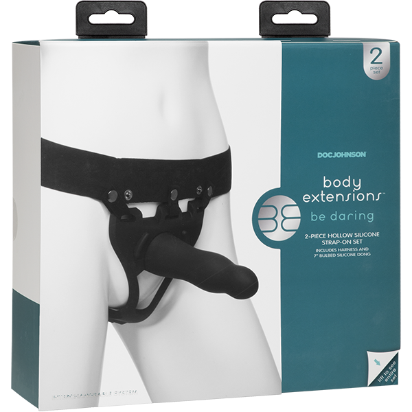Body Extensions Be Daring 7 Inch Silicone Hollow Strap-On Set - Black in the box