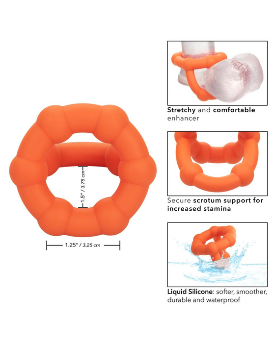 Alpha Silicone All Star Cock and Ball Ring with measurements beside it and features on the right hand side on a white background