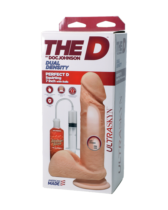 The D - Perfect D - Squirting 7 Inch With Balls - Vanilla in box angled to left