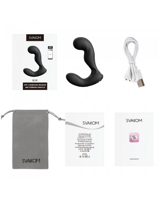 Iker App-controled Prostate & Perineum Vibrator with packaging and contents laid out
