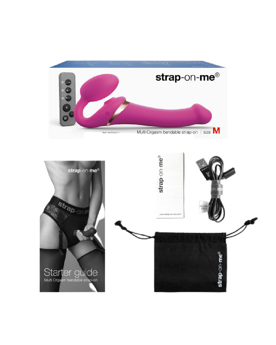 Strap-on-Me Multi Orgasm Bendable Strap-on with Clitoral Tongue - Large packaging and all contents laid out