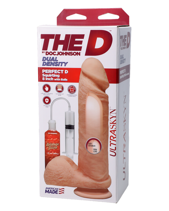 The D - Perfect D - Squirting 8 Inch With Balls - Vanilla in box angled to left