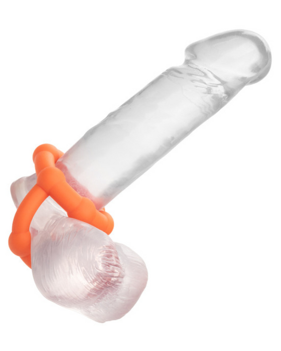 Alpha Silicone All Star Cock and Ball Ring on a clear dildo on a white background