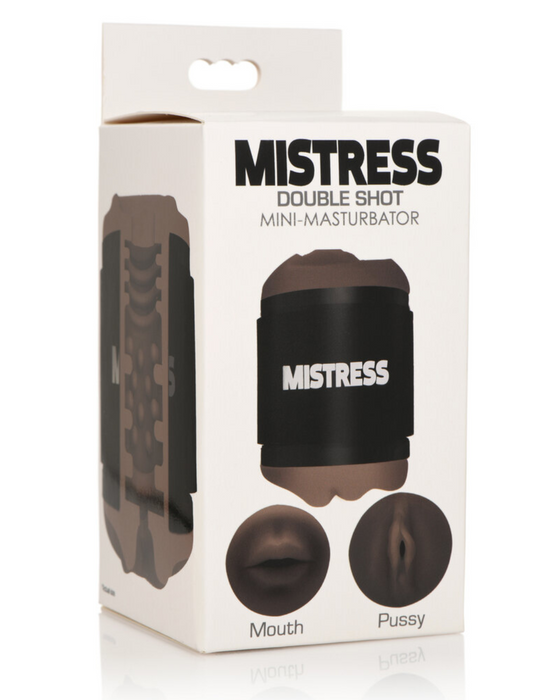 Mistress Mini Double Stroker Mouth & Pussy - Chocolate in packaging turned sideways to show textured inner walls on a white background