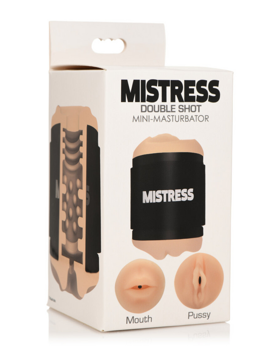 Mistress Mini Double Stroker Mouth & Pussy - Vanilla in packaging turned sideways to show textured inner walls on a white background