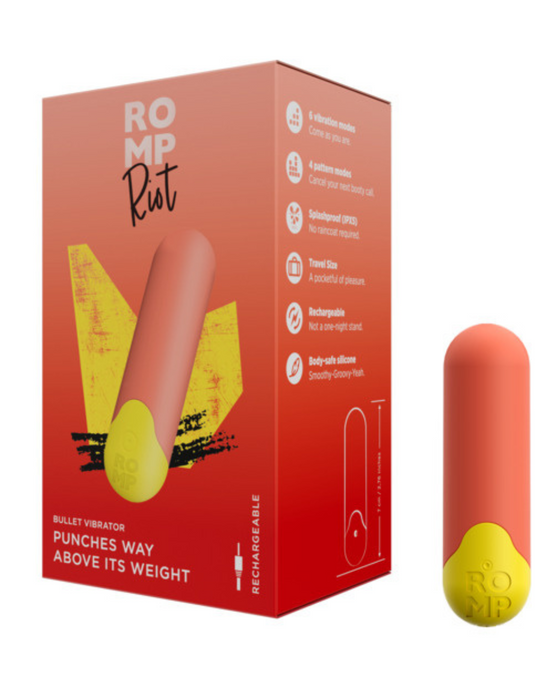 Romp Riot Bullet Vibrator on the right side with packaging on the left. On a white background