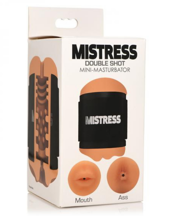 Mistress Mini Double Stroker Ass & Mouth - Caramel  in packaging turned sideways to show textured inner walls on a white background