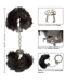 Ultra Fluffy Furry Cuffs - Black with measurements beside it and features on the right hand side on a white background