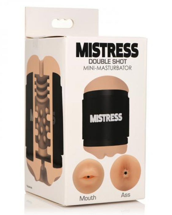 Mistress Mini Double Stroker Ass & Mouth - Vanilla in packaging turned sideways to show textured inner walls on a white background
