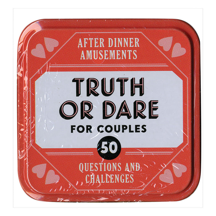 A red tin box with "after dinner amusements: Truth or Dare for Couples" written on it, indicating a playful couples game containing 50 naughty truths and challenging dares designed for two people from Chronicle Books.