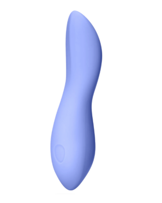 Dame Dip Beginner's  Internal & External Silicone Vibrator - Periwinkle alone facing sideways on a white background alone