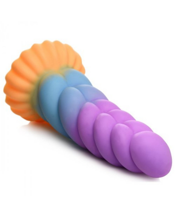 Mystique Thick 8 Inch Silicone Unicorn Dildo showing ribbed sides and top braid