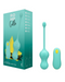 Romp Cello Remote Control G-spot Vibrating Egg with remote beside it as packaging on the other, on a white background