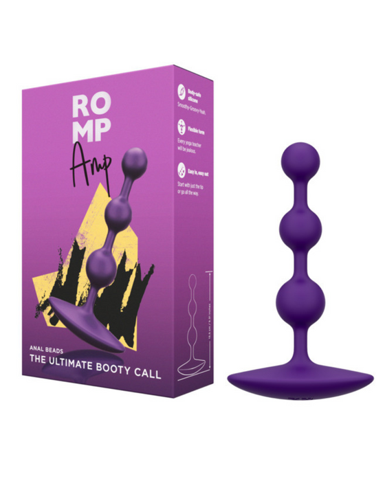 Romp Amp Flexible Anal Beads packaging on left side of white background and product itself on right 