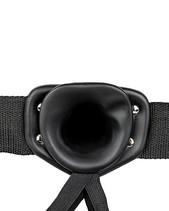 Black Realrock 6 Inch Hollow Dildo & Strap-on Harness close up of the hollow inner opening on a white background