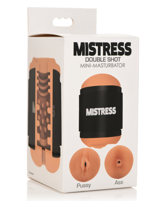 Mistress Mini Double Stroker Pussy & Ass - Caramel in packaging turned sideways to show textured inner walls on a white background