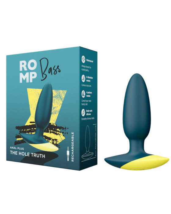 Romp Bass Vibrating Anal Plug  on a white background with packaging beside it