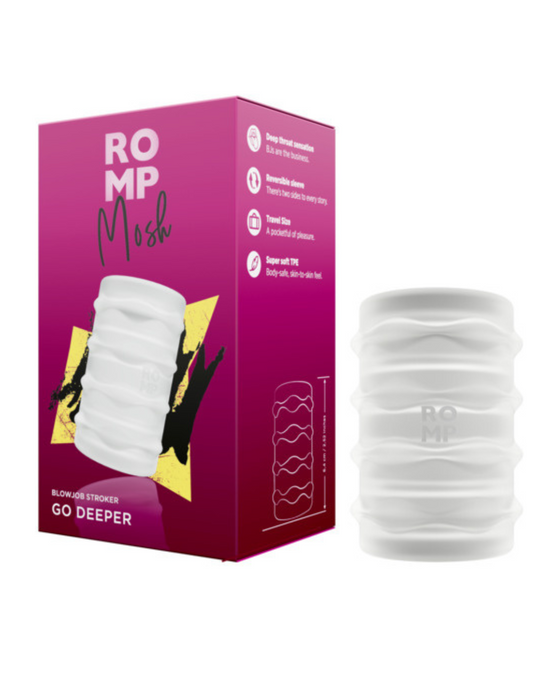 Romp Mosh Compact Reversible Manual Stroker - Clear on right hand side and packaging on the right. On a white background