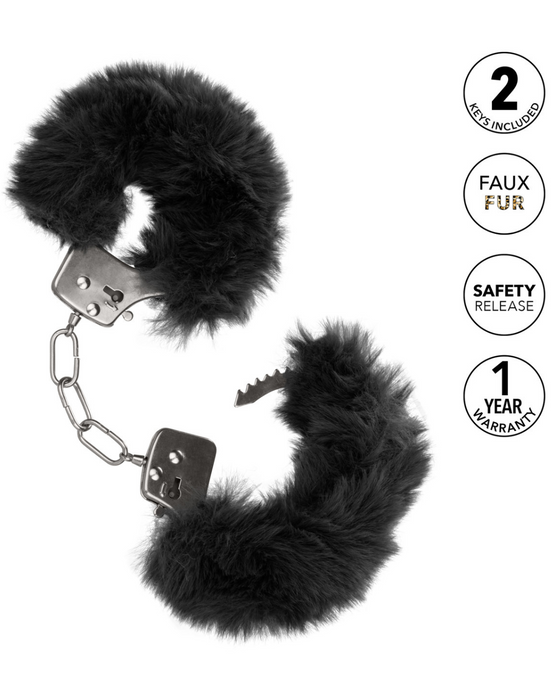 Ultra Fluffy Furry Cuffs - Black locked and unlocked on a white background with additional features on the right hand side