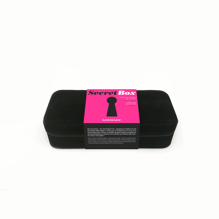 A black, velvet-like storage box with a vibrant pink and black label that reads "Secret Box - Love to Love" with a keyhole graphic and a customizable padlock, suggestive of privacy and discreet 
becomes:
The Lovely Planet Secret Black Velvet Lockable Toy Storage Box