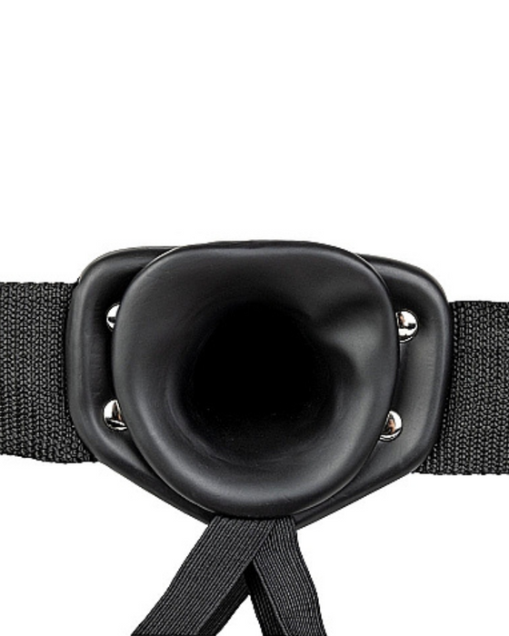 Black Realrock 8 Inch Hollow Dildo & Strap-on Harness close up of the hollow inner opening on a white background