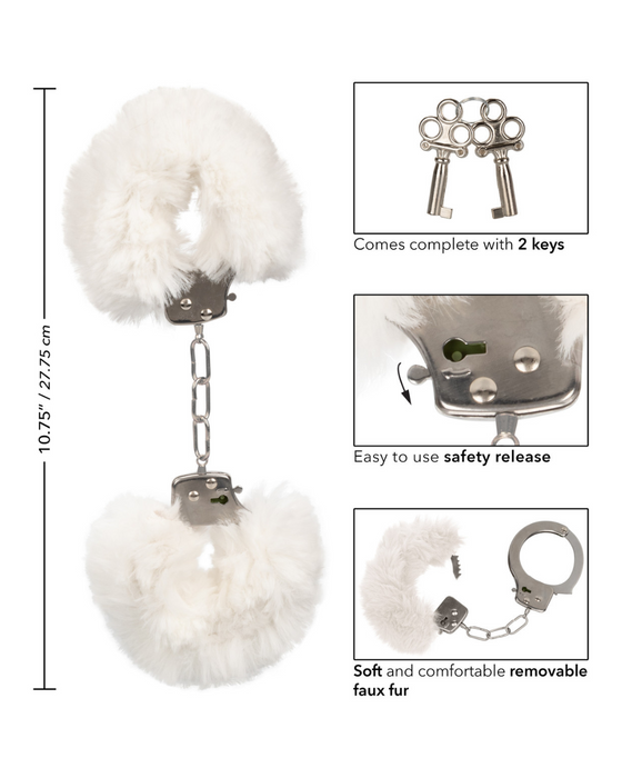 Ultra Fluffy Furry Cuffs - White with measurements on the left hand side and features on the right side on a white background