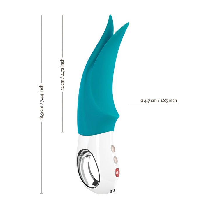 Fun Factory Volta Rechargeable External Vibrator - petrol blue shown against a white background side view with the measurements