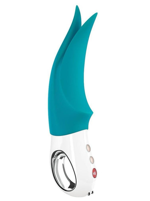 Fun Factory Volta Rechargeable External Vibrator - petrol blue against a white background side view to show the tapered tips and finger loop