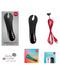 An assortment of product images showcasing the Fun Factory Manta black line vibrating stroker, made from body-safe silicone, including the device itself, a USB charging cable, and accompanying informational materials.