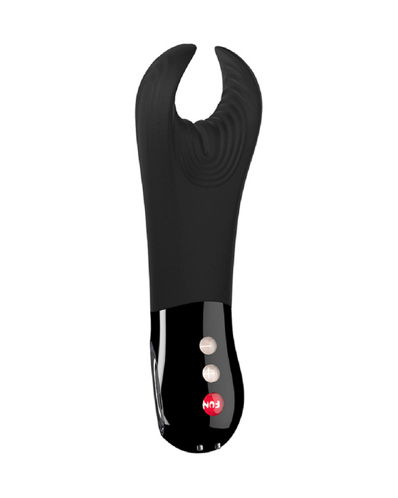 A black Fun Factory Manta vibrating penis stroker with a body-safe silicone, u-shaped top and control buttons on the front, suitable for solo or partner play.