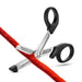 A pair of Temptasia Safety Scissors for Bondage Tape with the blades open, cutting through a red rope, against a white background by Blush.
