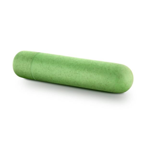 Gaia Biodegradable, Recyclable Eco Bullet Vibrator by Blush Novelties - Green side view with a close up of the rounded tip