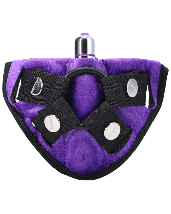 A Tantus purple and black fabric horse mask with an adjustable harness and a metallic nostril piece.