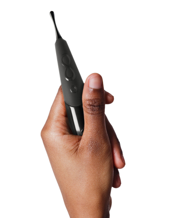 Zumio E - Rechargeable Clitoral Stimulator - Black held in a woman's hand on a white background