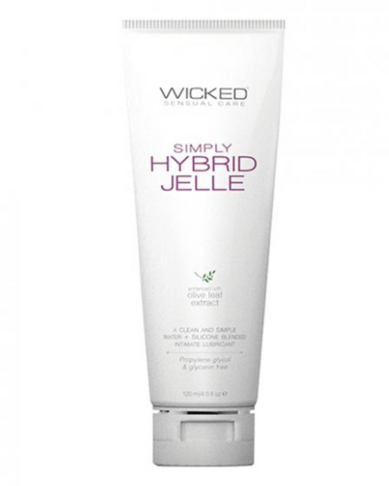 Sentence with replaced product:

A tube of Wicked Simply Hybrid Jelle Lubricant 4 oz, glycerin and paraben free, with olive leaf extract, prominently labeled as a clean and simple water & silicone blended personal lubricant.